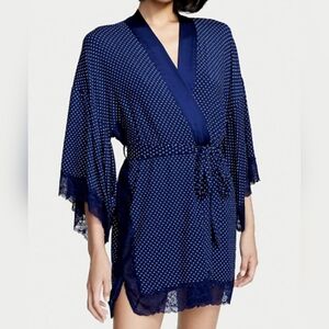 Victorias Secret Modal Lace Navy Blue Polka Dot Kimono Robe Size X/XL